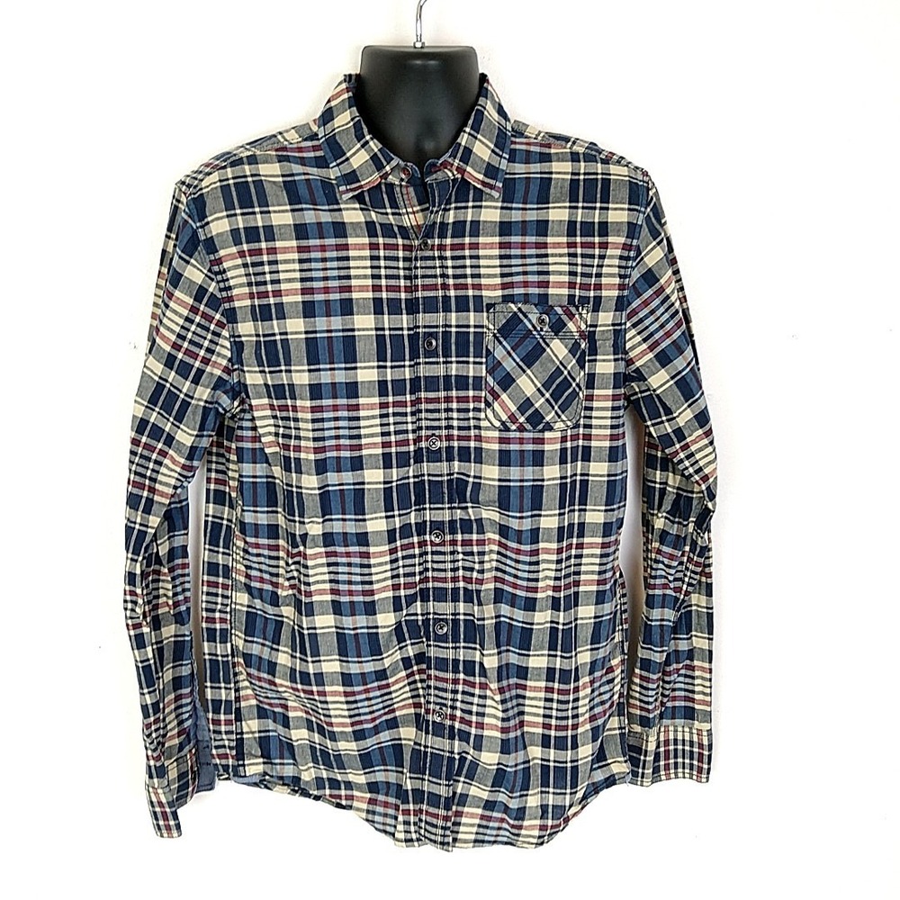 Flag & Anthem Plaid Button‎ Up Shirt Cotton Linen Blend Blue Red Mens sz M